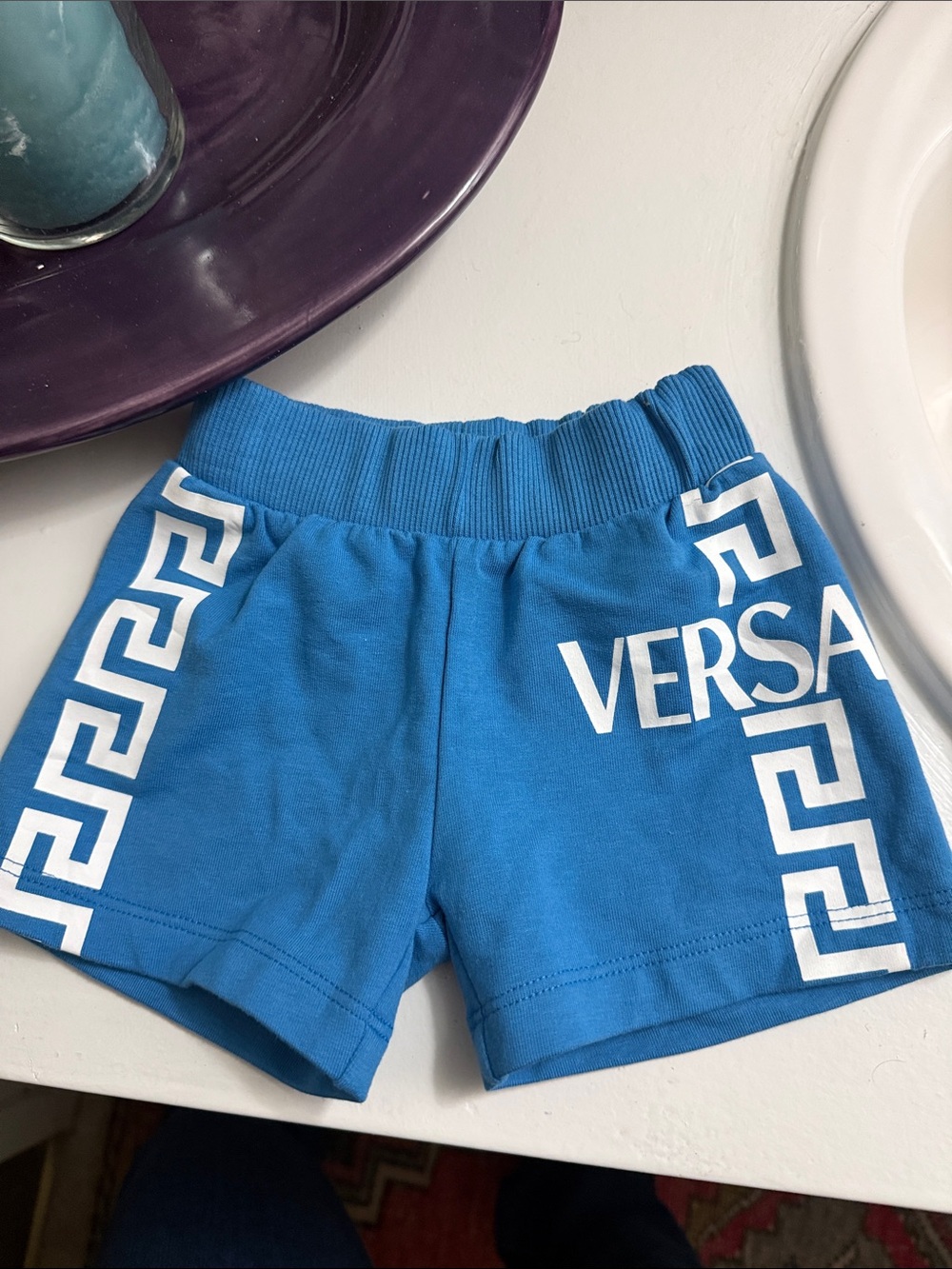 AUTHENTIC Versace Blue Kids Shorts with White Greek Key Trim